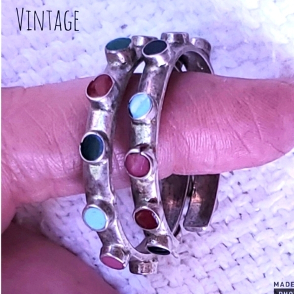 Vintage Onyx, turquoise,‎ carnelian  sterling hoops - Picture 1 of 8